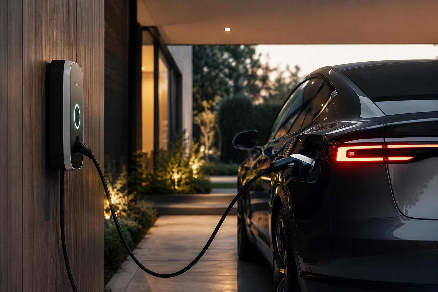 Borne de recharge installée à domicile au coucher du soleil